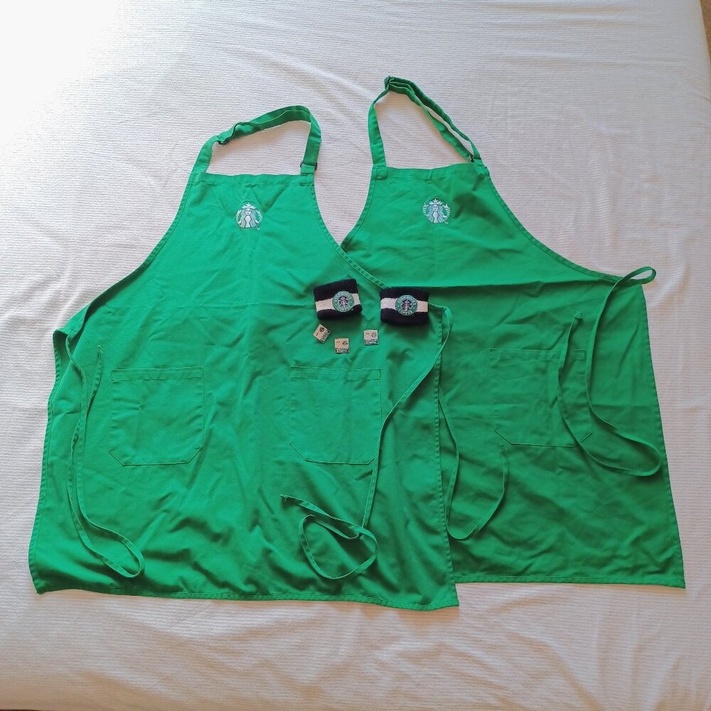 2010s Starbucks Lot of Employee Aprons, Wrist Bands and Certified Barista Pins